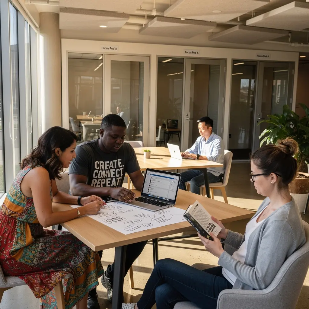 Уютный уголок для отдыха сотрудников с мягкой мебелью и зелеными растениями