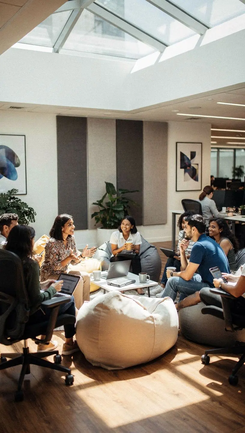 Комфортное рабочее место с естественным освещением и зелеными растениями.