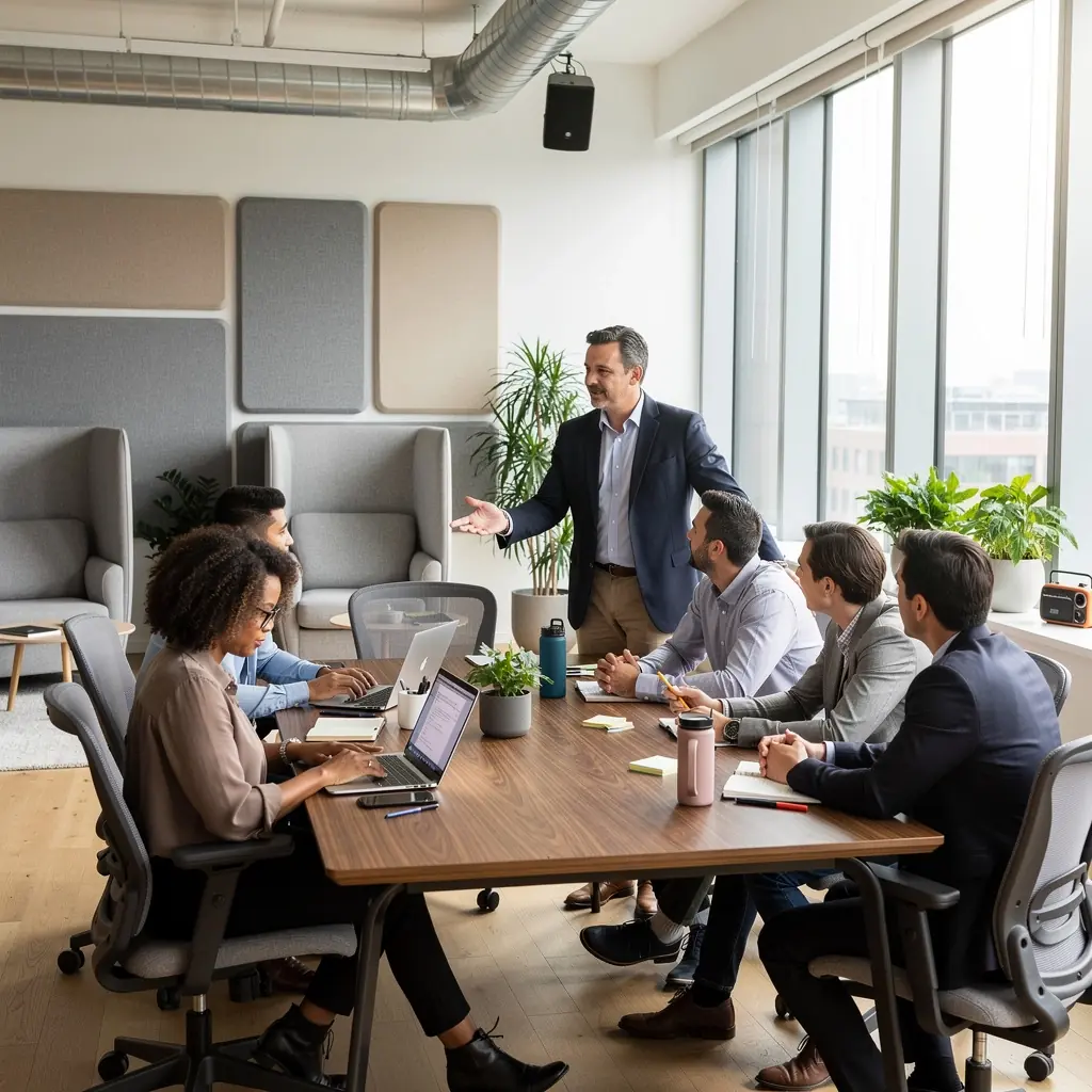 Современная кухня в офисе, способствующая общению и отдыху сотрудников.